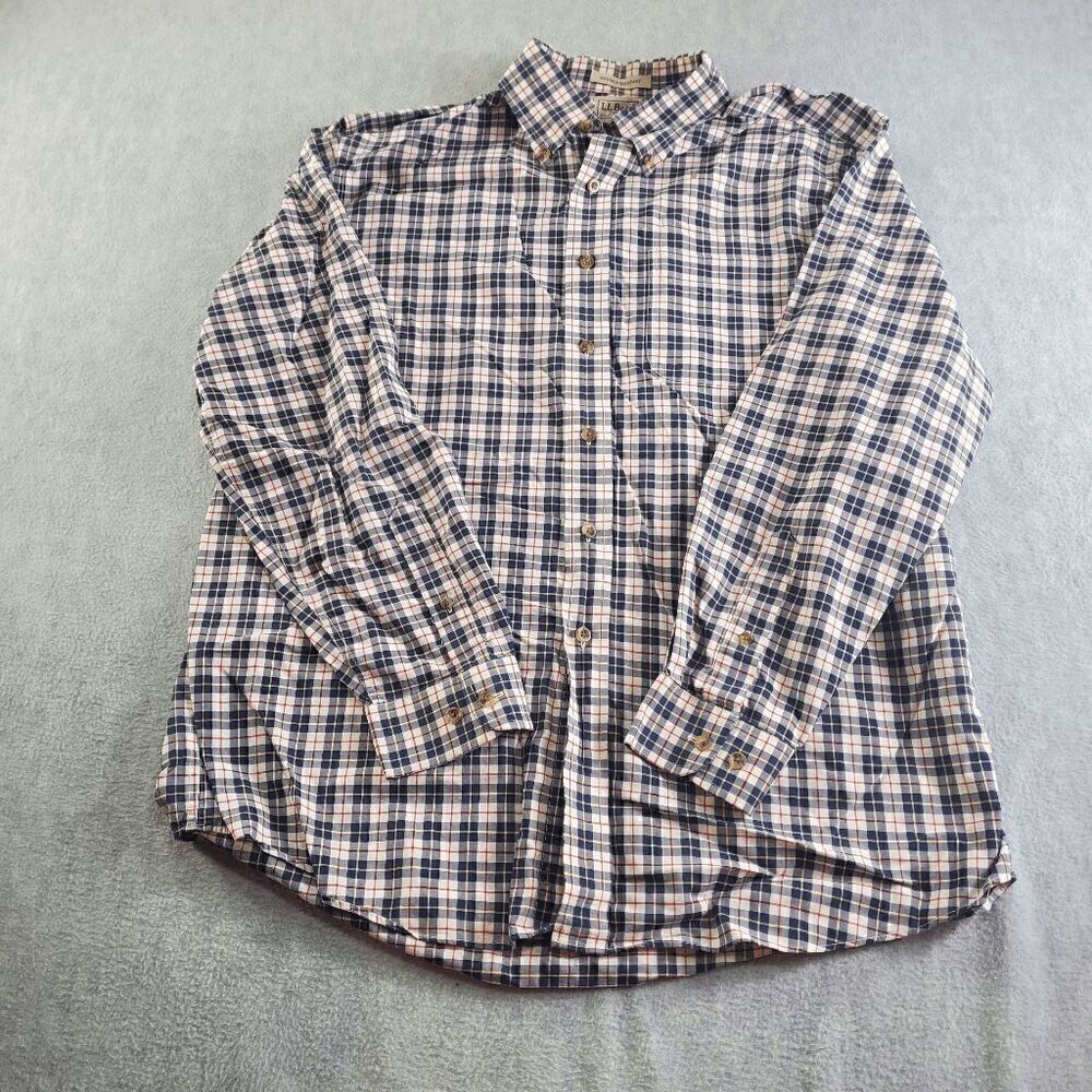 LL Bean Shirt Mens Large Reg Blue Plaid Wrinkle- Resistant Long Sleeve Button Up